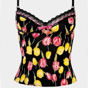Dolce & Gabbana Floral Tulip Lace-Trim Camisole in Black with Pink & Yellow